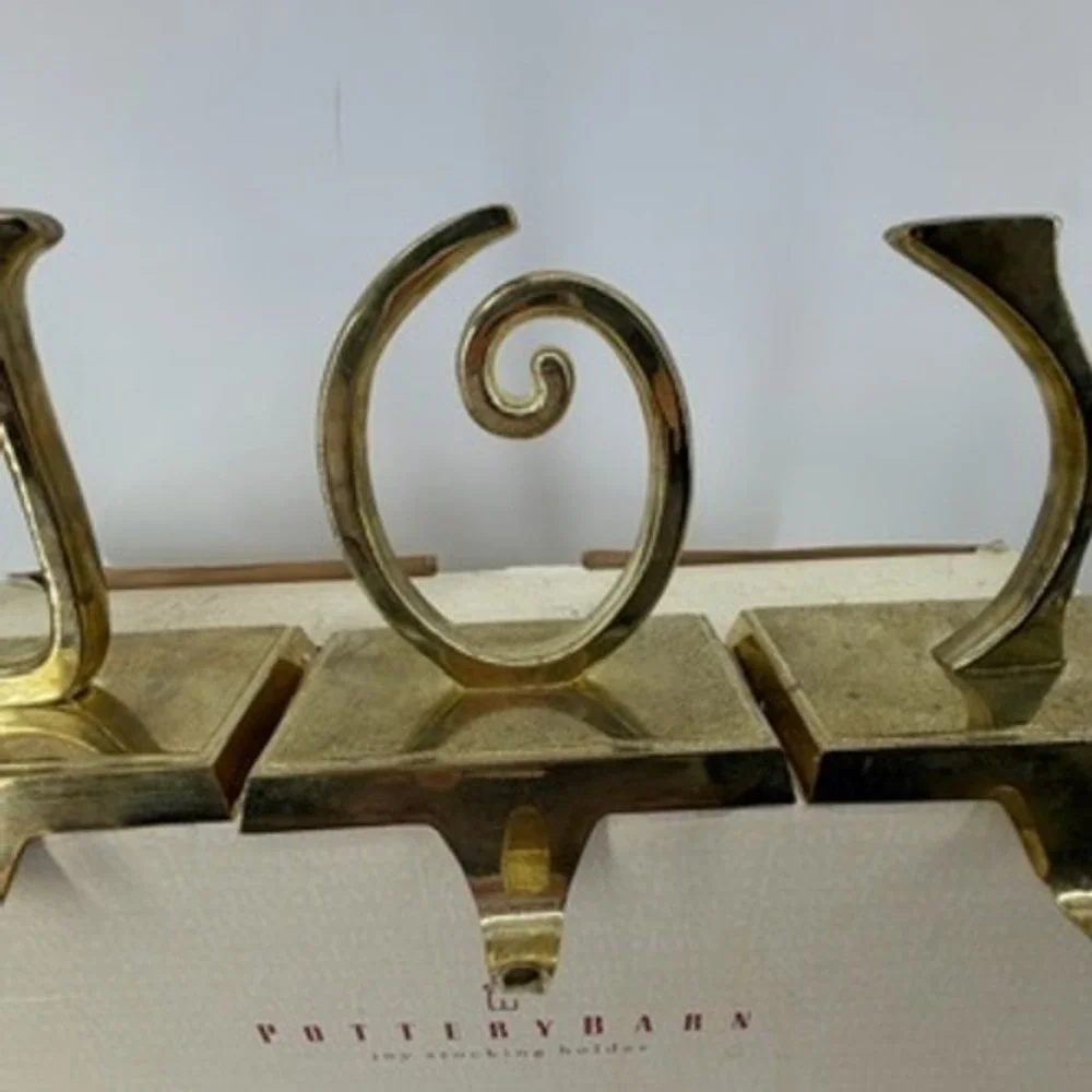 Pottery Barn JOY Stocking Holder Set Gold Tone Metal Weighted Mantel Decor 3pc